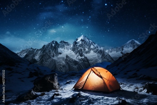 Nighttime snowy mountains tent with starry sky and milky way. Generative AI © Alexander