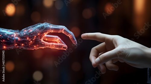 Convergence of Humanity and Technology, Robot and Human Hand Connection. generative ai © ekhtiar