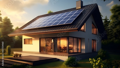 House with solar panels on the roof. Sustainable and clean energy at home. Generative AI © ekhtiar