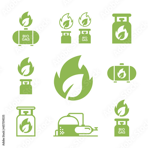 Set of simple icons of Biogas production stages, renewable energy and green environment