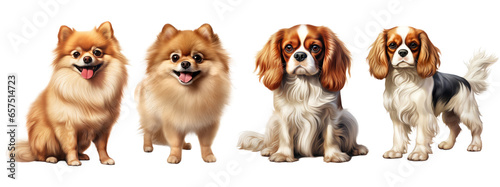 Pomeranian and cavalier king charles spaniel dog, sitting and standing. Isolated on transparent background