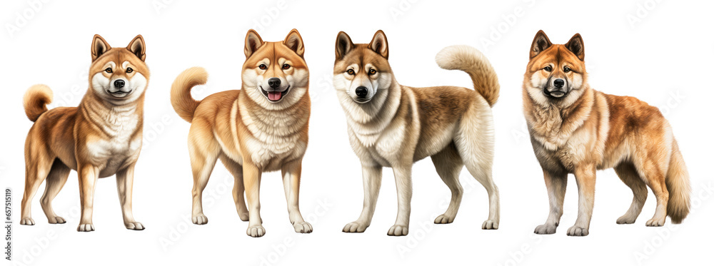 Shiba inu and akita dog, sitting and standing. Isolated on transparent background - obrazy, fototapety, plakaty 