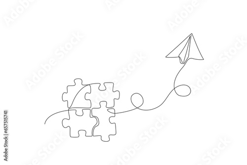 Paper plane flying up connected with puzzle pieces, jigsaw in single line drawing style. One continuous line drawing for problem solving and solution business metaphor, idea concept, thinking. Vector