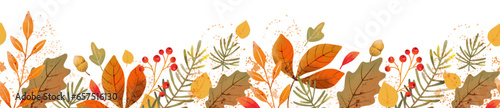 Autumn floral border. Seamless horizontal pattern with hand drawn watercolor leaves. Decoration for Fall, Thanksgiving and Harvest Day design. Vector photo