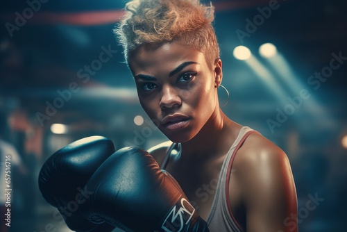 Woman african boxing gym. Fitness focus. Generate Ai © nsit0108