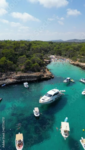 Aerial view of Cala Sa Nau: a paradise beach in Palma de Mallorca, Spain, Mediterranean Sea