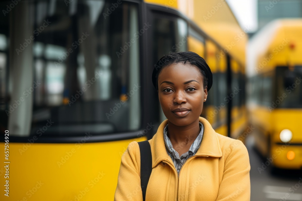 Black woman bus driver. Student truck. Generate Ai - obrazy, fototapety, plakaty 
