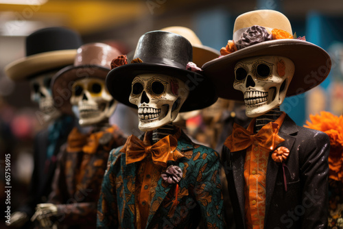 Decorated skeletons in national costumes for Day of the dead
