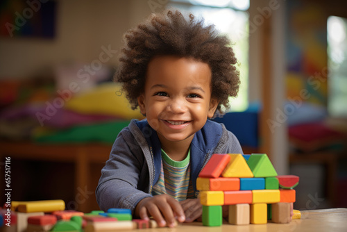 Little African American child playing with colored wooden construction set, preschool development concept, fine motor skills