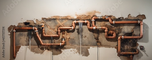 Fotografia Plumbing pvc and copper pipes behind the damaged wall with a hole in it Generati