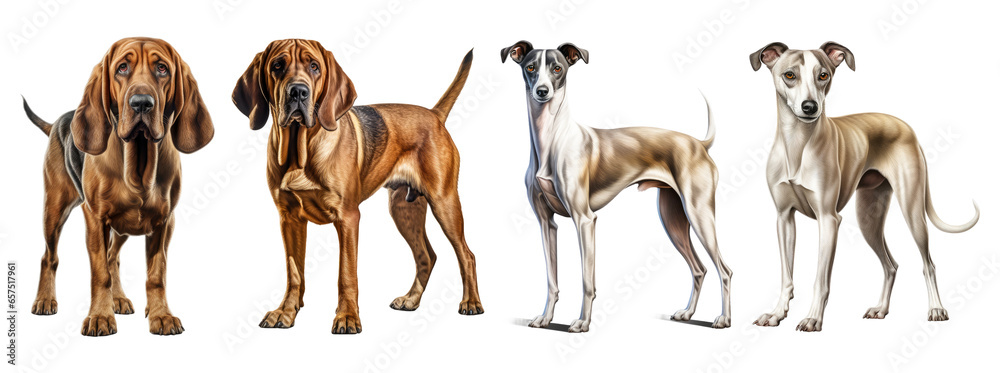 Bloodhound and whippet dog, sitting and standing. Isolated on transparent background - obrazy, fototapety, plakaty 