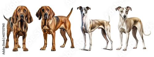 Bloodhound and whippet dog, sitting and standing. Isolated on transparent background