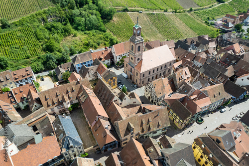 Aerial flyover view of the beautiful French Village of Hunawihr in Alsace France 