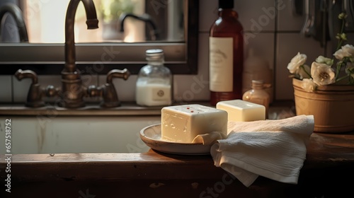 Spa still life with candles, towels and soap on a wooden table