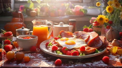 Festive background with delicious food. Scrambled eggs for breakfast. Healthy meals