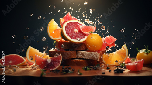 Festive background with delicious food. Juicy fruits on toast. Healthy meals