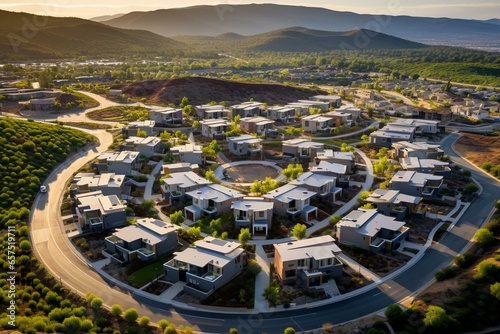 An aerial perspective of contemporary rooftop residences in suburban Santa Clarita, California. Generative AI photo
