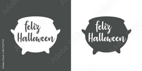 Logo con silueta de caldero de bruja con letras palabra manuscrita feliz Halloween en español para su uso en invitaciones y tarjetas