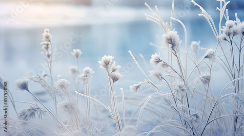 Beautiful winter background with a plants covered with hoarfrost © reddish