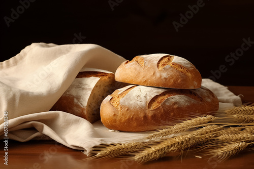 The close up detail of a fresh grain baked sourdough loaf bread placed on a wrinkled tablecloth with barley rice ears shot in a studio, Generative AI.