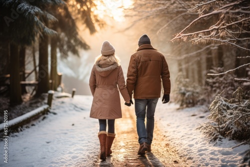 Senior couple walking outside in the winter park.