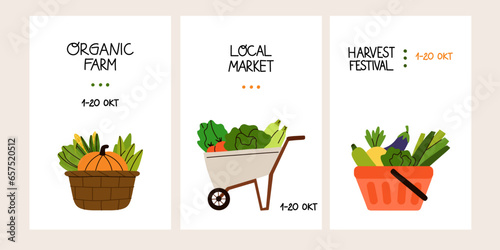 Local market, organic farm shop, harvest festival greeting invitation banner and poster. Social media post. Grocery in eco package, box and bag, trolley and basket cartoon flat vector illustration