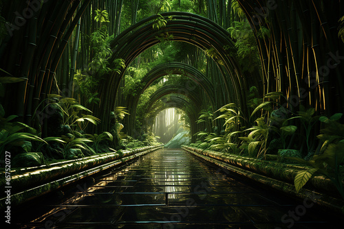 Generative AI Image of Tunnel from Bamboo in Forest with Green Nature Background