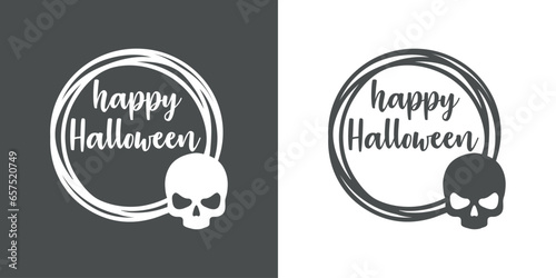Logo con marco circular con líneas con silueta de calavera con letras palabra manuscrita happy Halloween para su uso en invitaciones y tarjetas