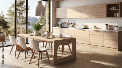 Modern Contemporary living and kitchen room interior .white and wood material  ai generative