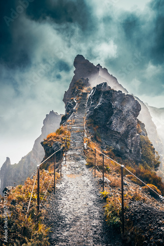 Epic view of Pico do Arieiro in the clouds, Madeira, Portugal. Stairways to heven path.