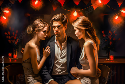 love triangle between a womans and a man in a sad atmosphere,realistic oil painting photo