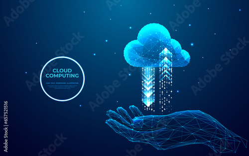  Abstract businessman holds a digital cloud computing icon with arrows up and down and connects to cloud data technology. Cloud computing concept. Low poly vector illustration in futuristic style.