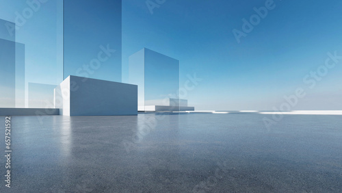 Fototapeta Naklejka Na Ścianę i Meble -  3d render of abstract futuristic glass architecture with empty concrete floor.