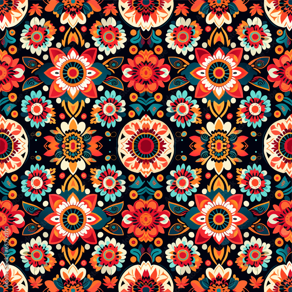 seamless pattern with flowers mandalas in retro style