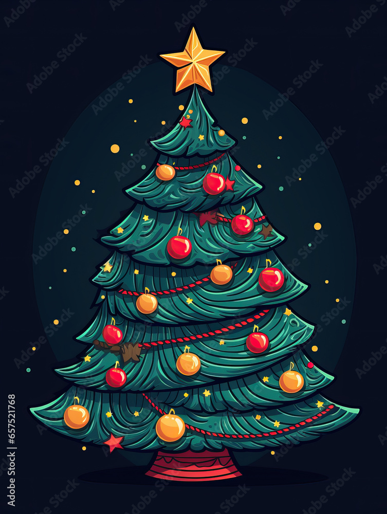 Cartoon Christmas Tree Illustration, Generative AI