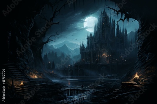 Fantasy illustration; dark cathedral; night theme. Generative AI