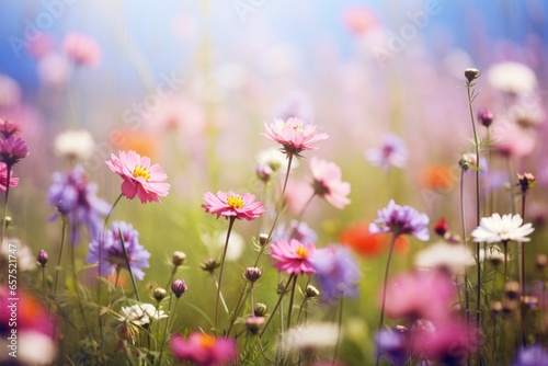 Flower field in sunlight, spring or summer garden background © Lubos Chlubny