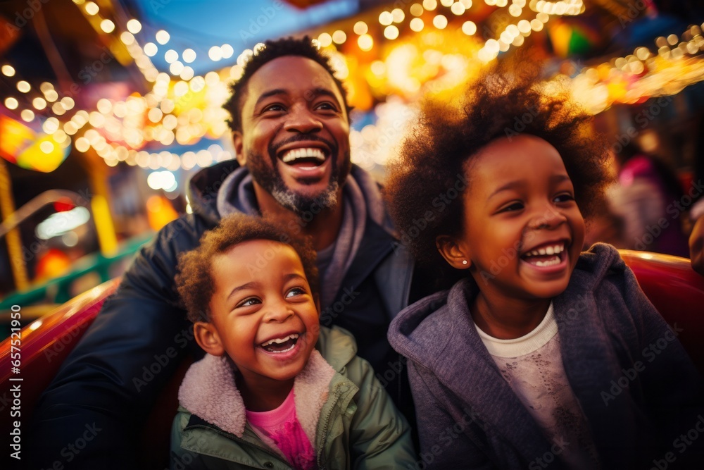 Father and daughters having fun and enjoying the amusement park - obrazy, fototapety, plakaty 