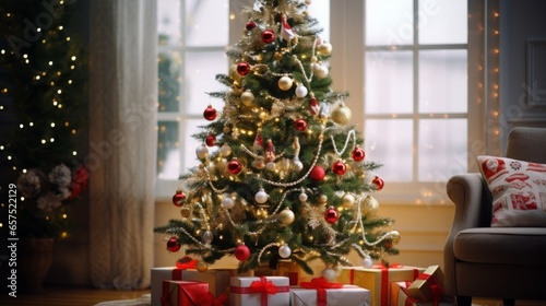 Photo of a beautifully decorated Christmas tree in a cozy living room