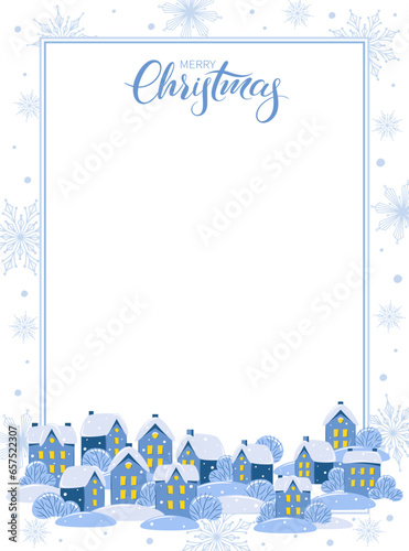 Greeting letter Merry Christmas decorated with winter landscape with houses and trees. Vector illustration