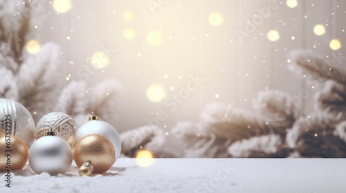 Photo of a festive display of Christmas ornaments on a snowy background