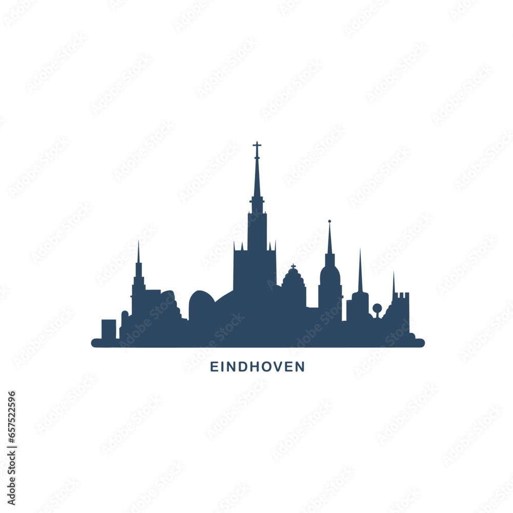 Naklejka premium Eindhoven Netherlands cityscape skyline city panorama vector flat modern logo icon. Holland region emblem idea with landmarks and building silhouettes. Isolated graphic