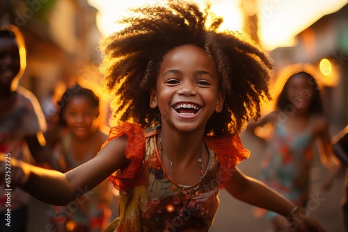 Happy children dancing on the street in the sunset sunlight