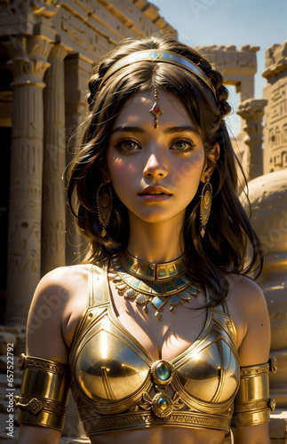 Beautiful girl in costume of ancient Egyptian goddess. Portrait of a beautiful young woman in the ancient Egyptian temple.