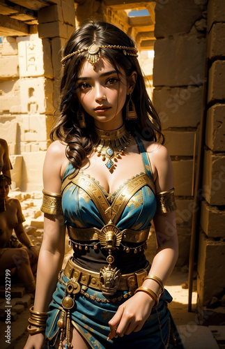 Beautiful girl in costume of ancient Egyptian goddess. Portrait of a beautiful young woman in the ancient Egyptian temple.