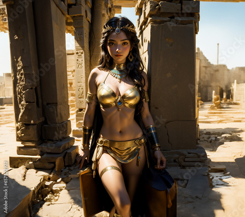 Beautiful girl in costume of ancient Egyptian goddess. Portrait of a beautiful young woman in the ancient Egyptian temple.