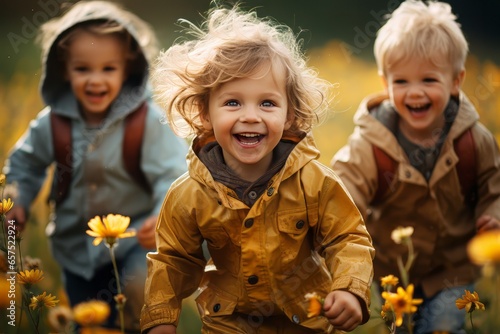 Portrait of happy and smiling children playing in a blooming field