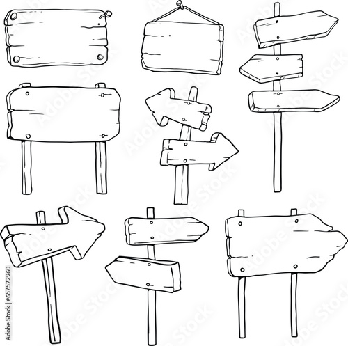 Sketch set of wooden signposts and signboards. Hand drawn vector illustration. Isolated on white background. line vector