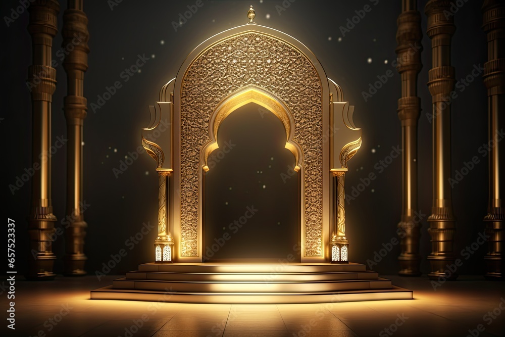 Ramadan kareem or eid al fitr, background with golden arch, with golden arabic pattern, background for holy month of muslim community Ramadan Kareem - obrazy, fototapety, plakaty 