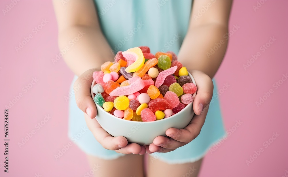 Children's hands hold a bowl of candies on a pastel background. Children's hands hold a bowl of candies on a pastel background.